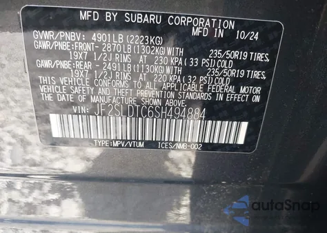 2025 Subaru Forester Touring from USA, damaged, VIN JF2SLDTC6SH494884
